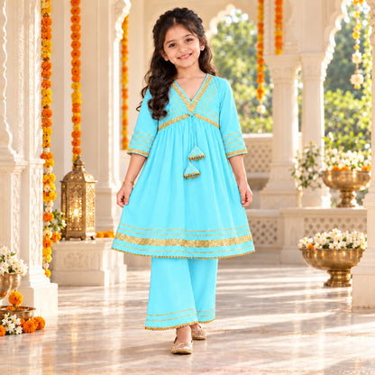 The Magic Wand Woven Elbow Sleeves Aaliya Cut Laced Kurti And Pant Set - Sky Blue
