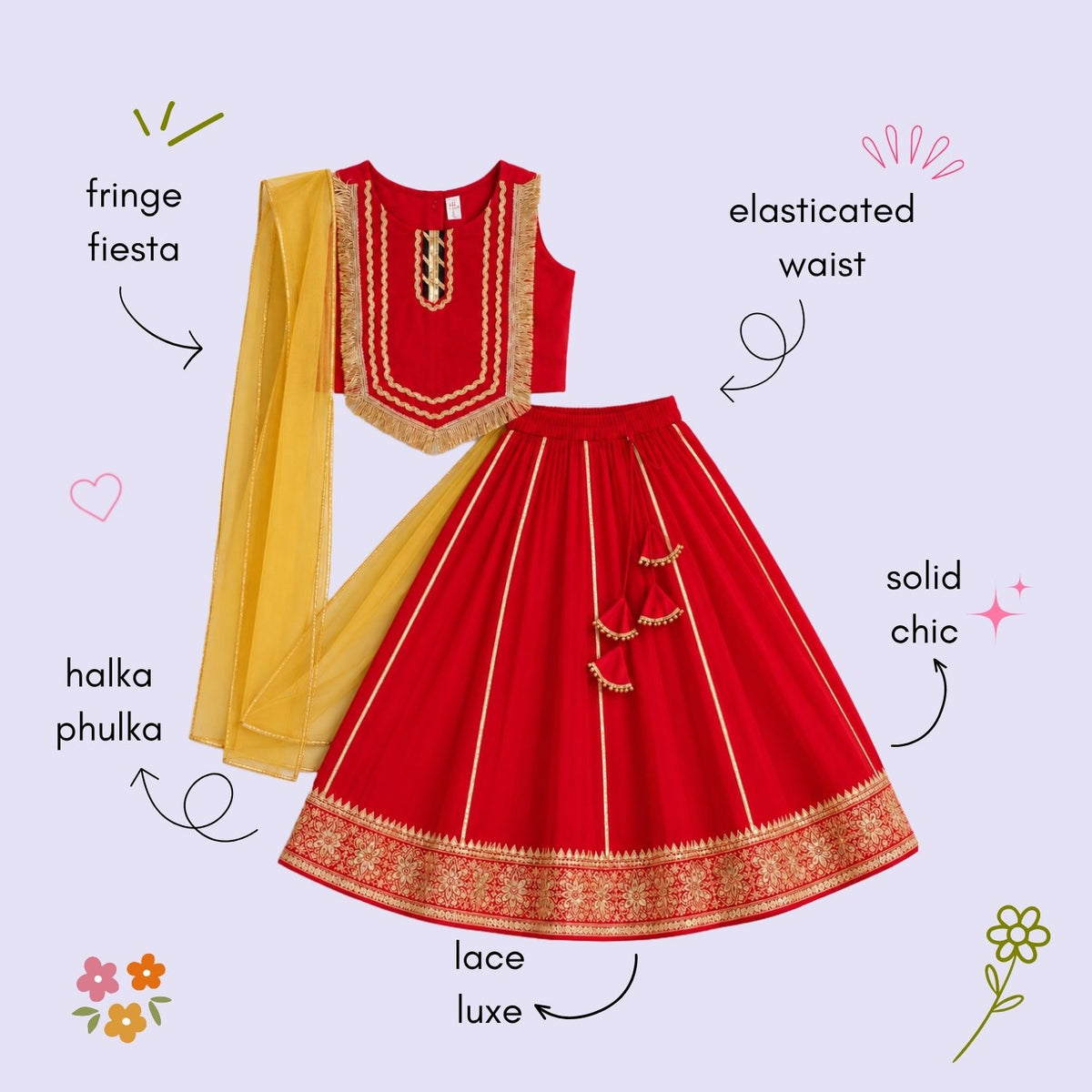 The Magic Wand Woven Sleeveless Fringe Laced Top And Paneled Lehenga Set With Dupatta - Red