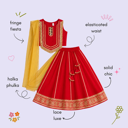 The Magic Wand Woven Sleeveless Fringe Laced Top And Paneled Lehenga Set With Dupatta - Red