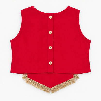 The Magic Wand Woven Sleeveless Fringe Laced Top And Paneled Lehenga Set With Dupatta - Red