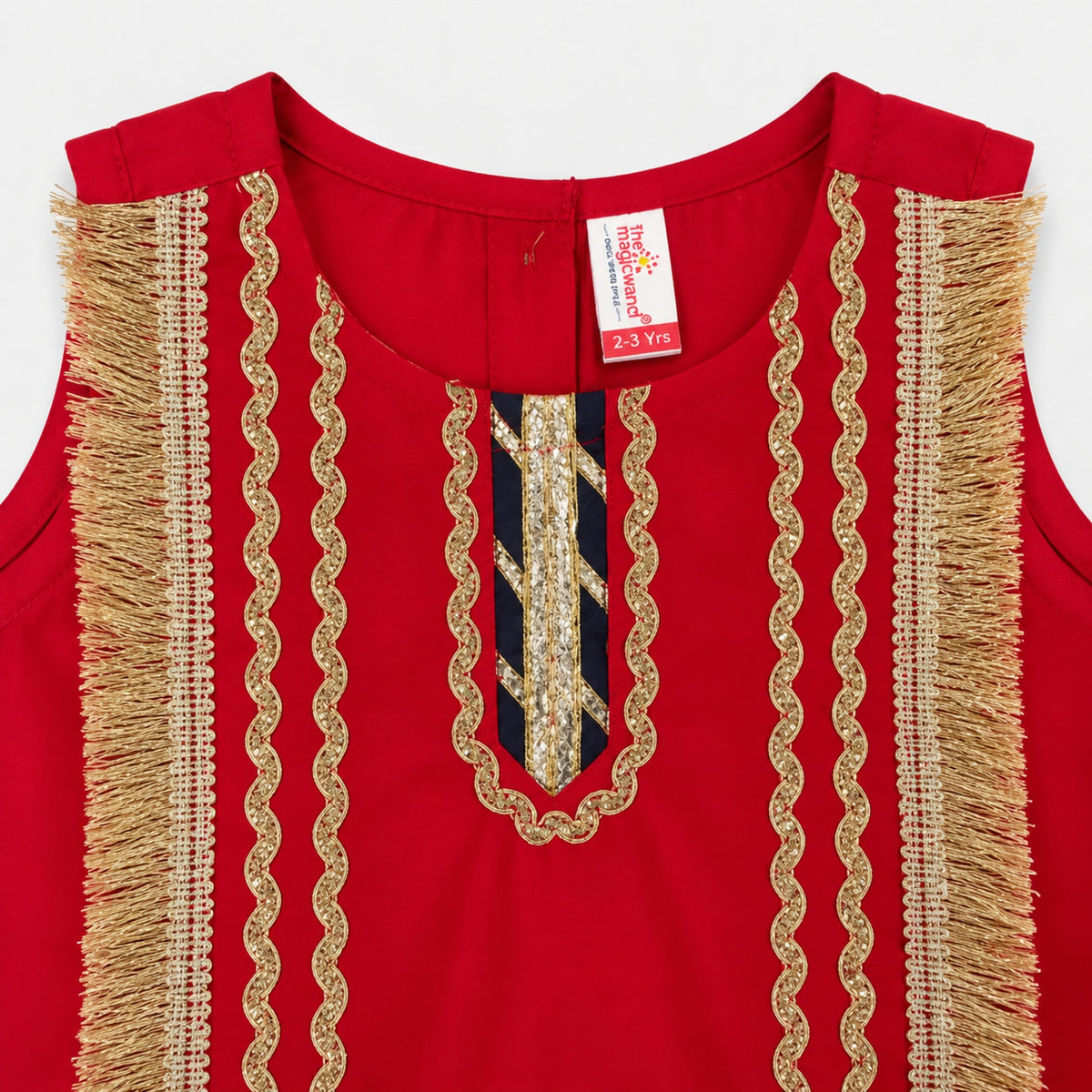 The Magic Wand Woven Sleeveless Fringe Laced Top And Paneled Lehenga Set With Dupatta - Red