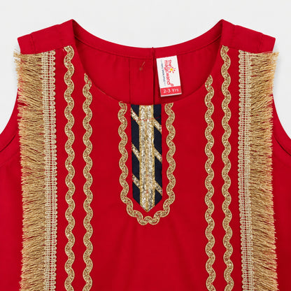 The Magic Wand Woven Sleeveless Fringe Laced Top And Paneled Lehenga Set With Dupatta - Red