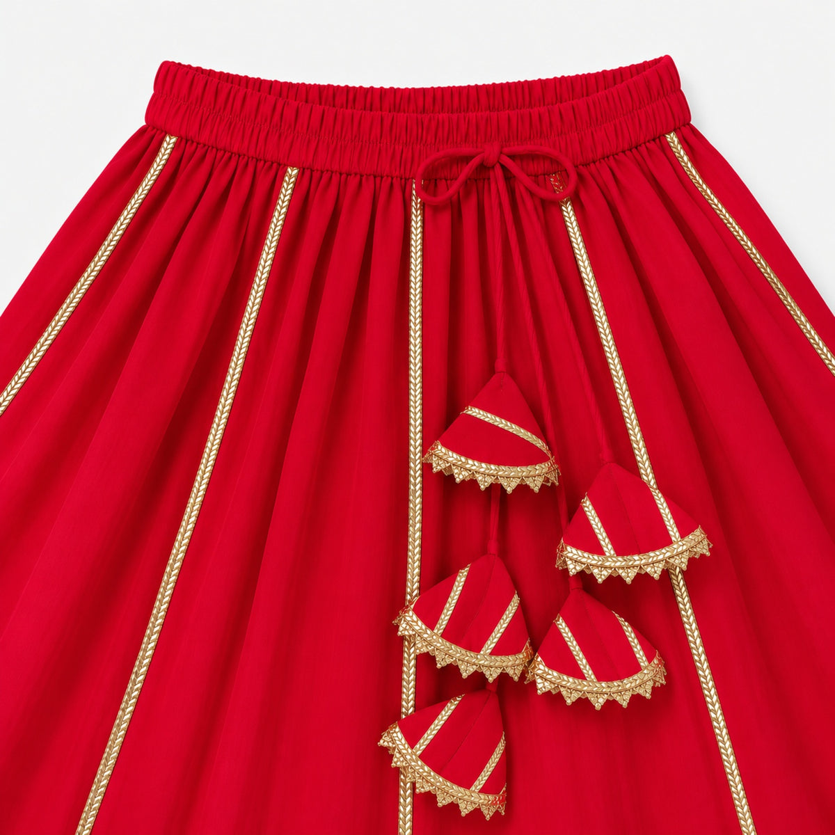 The Magic Wand Woven Sleeveless Fringe Laced Top And Paneled Lehenga Set With Dupatta - Red