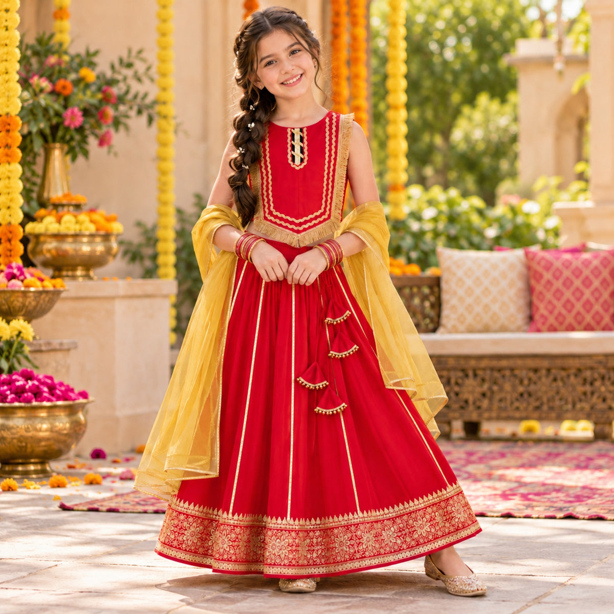 The Magic Wand Woven Sleeveless Fringe Laced Top And Paneled Lehenga Set With Dupatta - Red