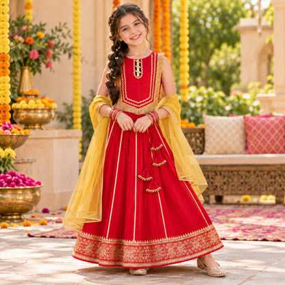 The Magic Wand Woven Sleeveless Fringe Laced Top And Paneled Lehenga Set With Dupatta - Red