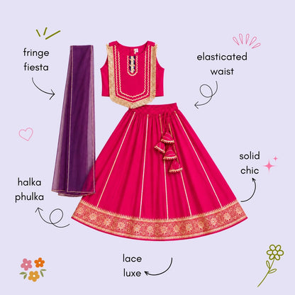 The Magic Wand Woven Sleeveless Fringe Laced Top And Paneled Lehenga Set With Dupatta  - Fuschia