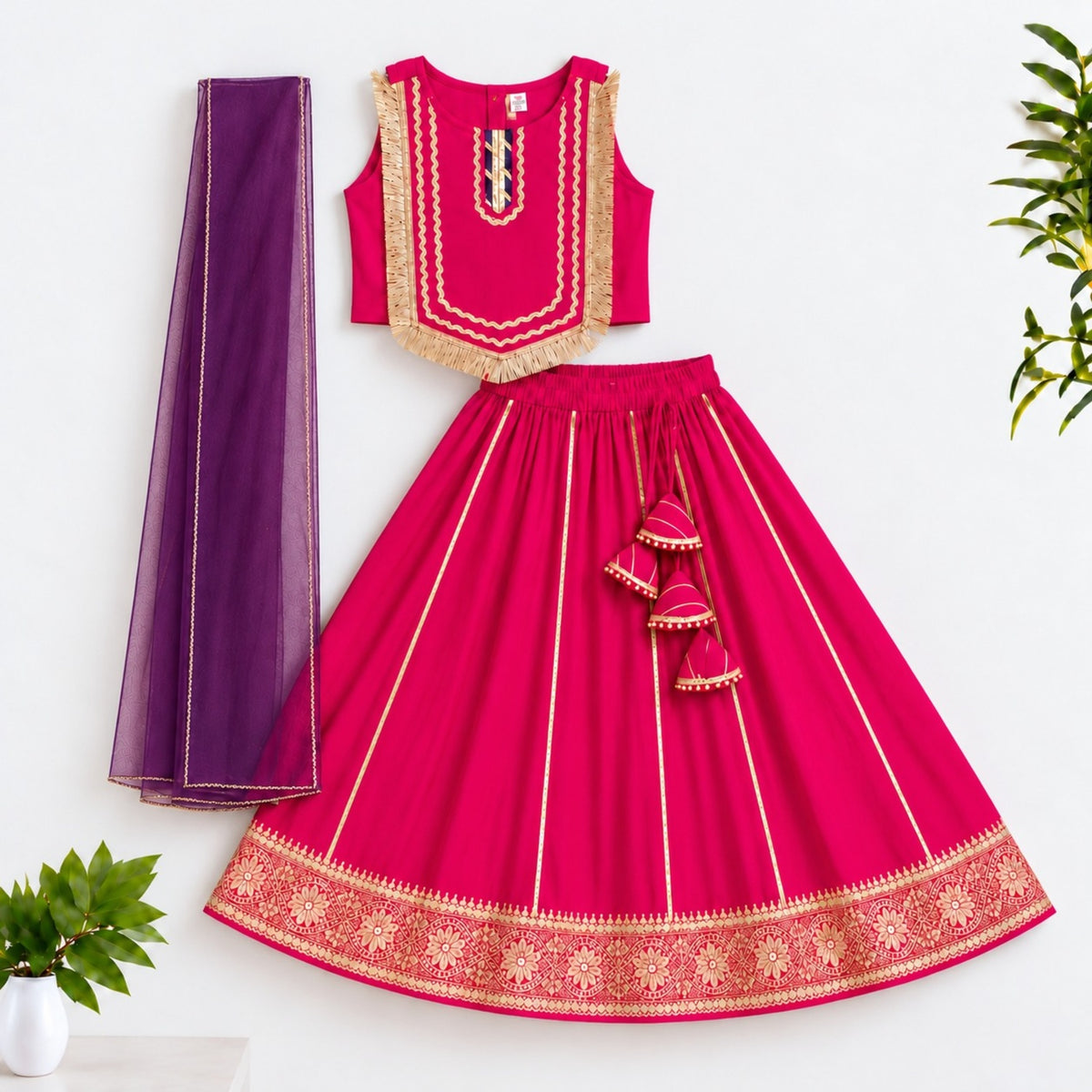 The Magic Wand Woven Sleeveless Fringe Laced Top And Paneled Lehenga Set With Dupatta  - Fuschia