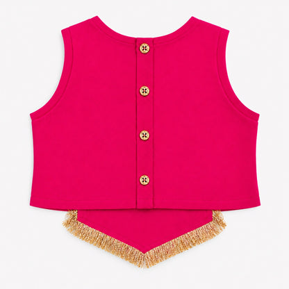The Magic Wand Woven Sleeveless Fringe Laced Top And Paneled Lehenga Set With Dupatta  - Fuschia