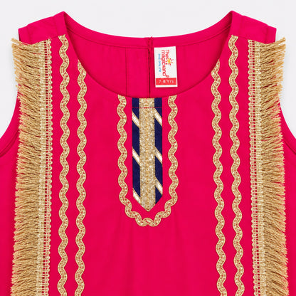 The Magic Wand Woven Sleeveless Fringe Laced Top And Paneled Lehenga Set With Dupatta  - Fuschia
