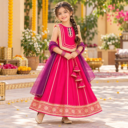 The Magic Wand Woven Sleeveless Fringe Laced Top And Paneled Lehenga Set With Dupatta  - Fuschia