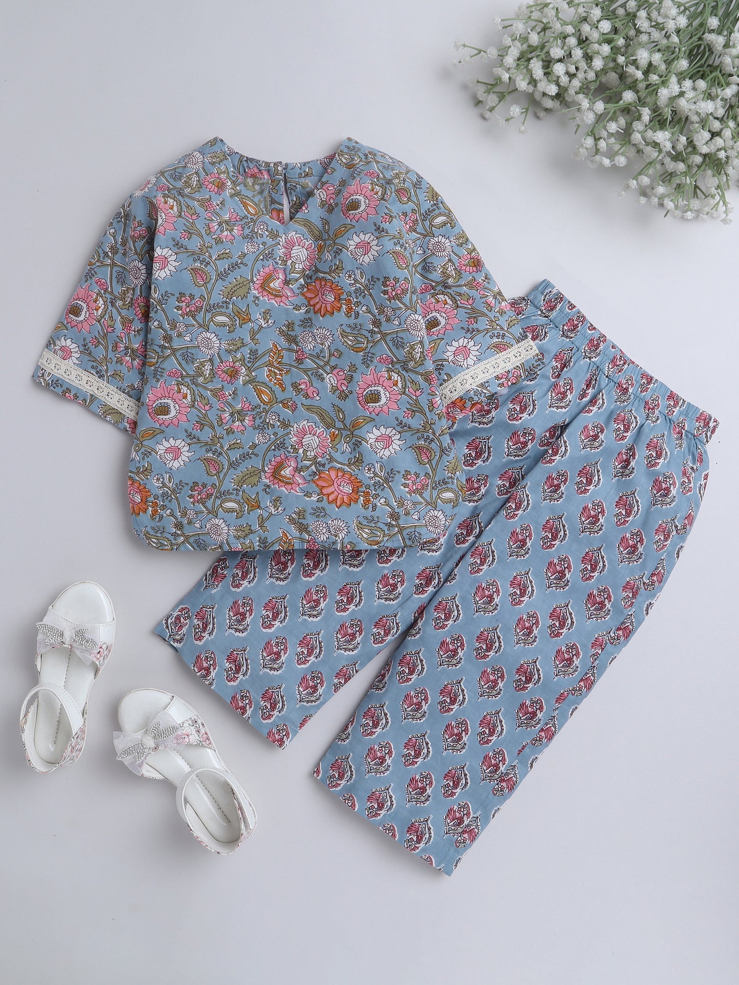 Hand Block Printed Cotton Lace Embelished 3/4th Sleeves Top and Pant Night Wear Lounge Wear Set For Girls Grey