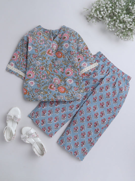 Hand Block Printed Cotton Lace Embelished 3/4th Sleeves Top and Pant Night Wear Lounge Wear Set For Girls Grey