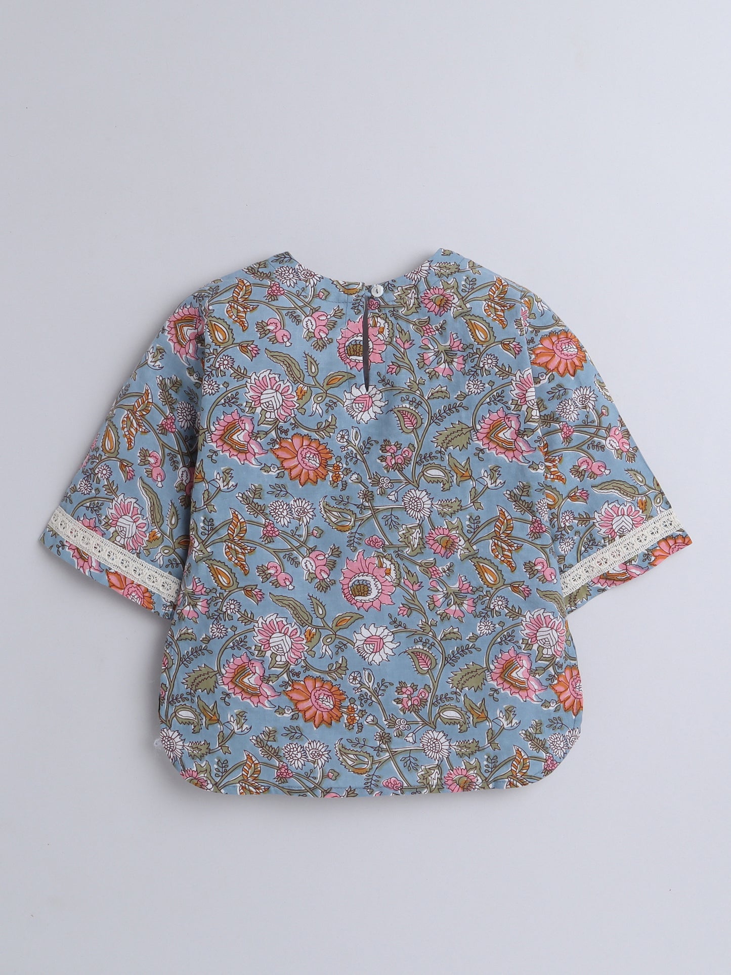 Hand Block Printed Cotton Lace Embelished 3/4th Sleeves Top and Pant Night Wear Lounge Wear Set For Girls Grey