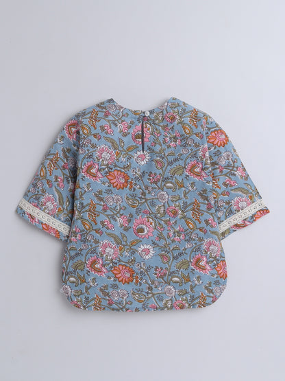 Hand Block Printed Cotton Lace Embelished 3/4th Sleeves Top and Pant Night Wear Lounge Wear Set For Girls Grey