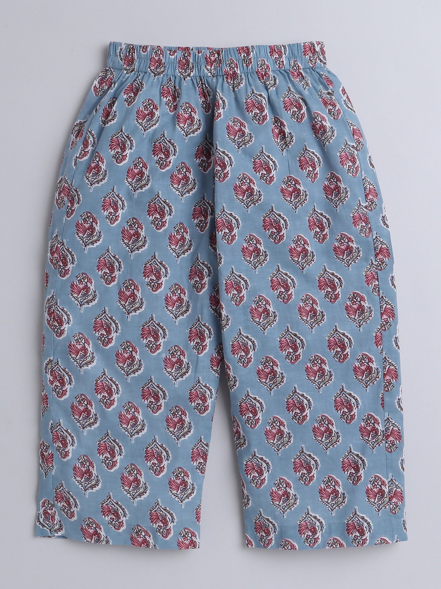 Hand Block Printed Cotton Lace Embelished 3/4th Sleeves Top and Pant Night Wear Lounge Wear Set For Girls Grey