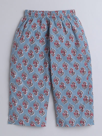Hand Block Printed Cotton Lace Embelished 3/4th Sleeves Top and Pant Night Wear Lounge Wear Set For Girls Grey