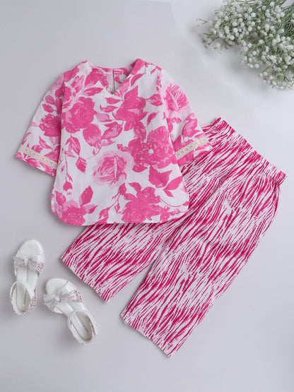 The Magic Wand Hand Block Printed Cotton Lace Embelished 3/4th Sleeves Top and Pant Night Wear Lounge Wear Set For Girls Pink