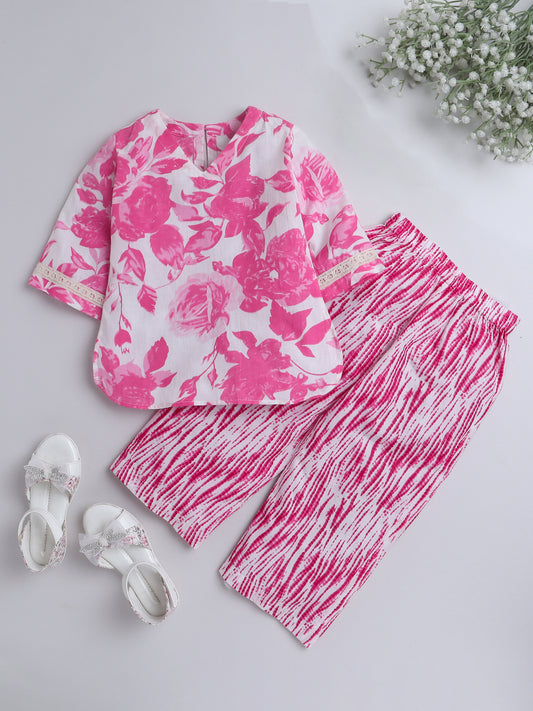 The Magic Wand Hand Block Printed Cotton Lace Embelished 3/4th Sleeves Top and Pant Night Wear Lounge Wear Set For Girls Pink