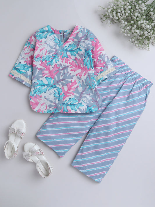Hand Block Printed Cotton Lace Embelished 3/4th Sleeves Top and Pant Night Wear Lounge Wear Set For Girls Blue, Grey