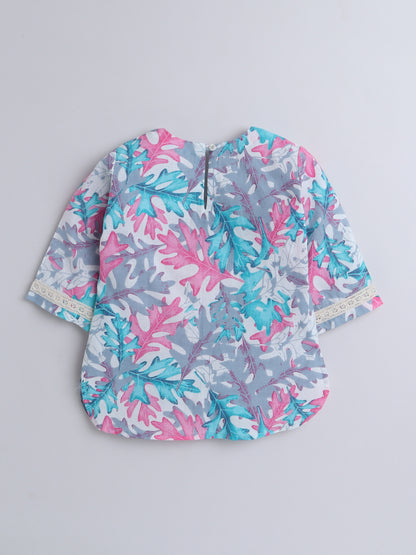 Hand Block Printed Cotton Lace Embelished 3/4th Sleeves Top and Pant Night Wear Lounge Wear Set For Girls Blue, Grey