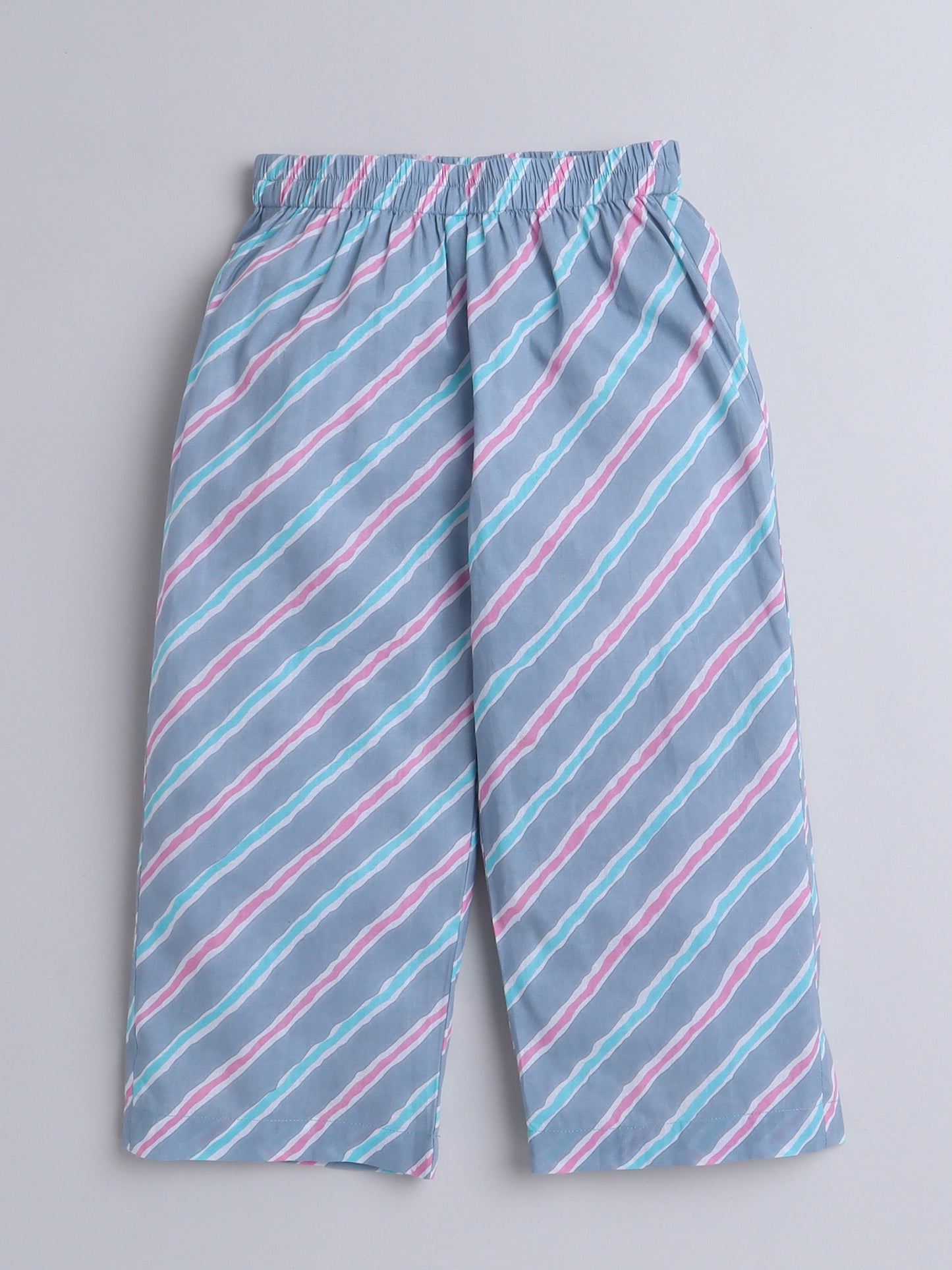 Hand Block Printed Cotton Lace Embelished 3/4th Sleeves Top and Pant Night Wear Lounge Wear Set For Girls Blue, Grey