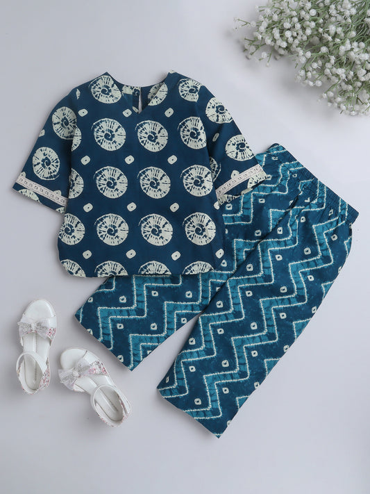 Hand Block Printed Cotton Lace Embelished 3/4th Sleeves Top and Pant Night Wear Lounge Wear Set For Girls Indigo Blue
