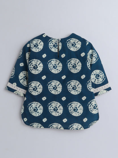 Hand Block Printed Cotton Lace Embelished 3/4th Sleeves Top and Pant Night Wear Lounge Wear Set For Girls Indigo Blue