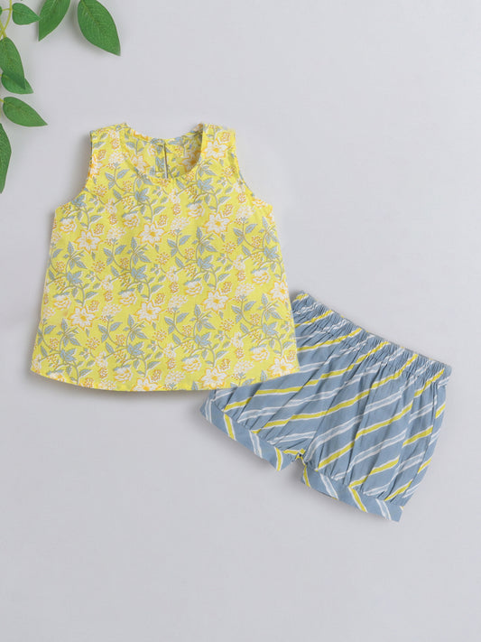 Hand Block Printed Sleeveless Top and Shorts Night Wear Lounge Wear Set For Girls Yellow