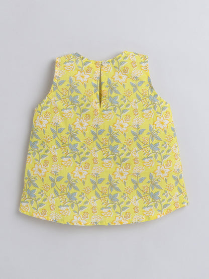 Hand Block Printed Sleeveless Top and Shorts Night Wear Lounge Wear Set For Girls Yellow
