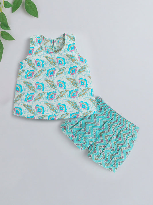 Hand Block Printed Sleeveless Top and Shorts Night Wear Lounge Wear Set For Girls Blue