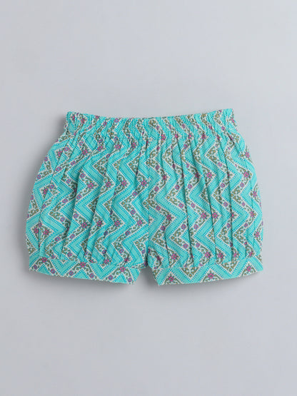 Hand Block Printed Sleeveless Top and Shorts Night Wear Lounge Wear Set For Girls Blue