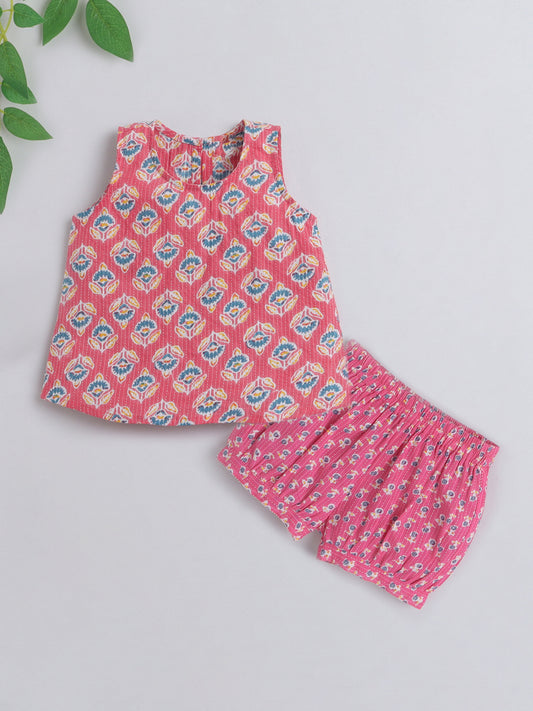 Hand Block Printed Sleeveless Top and Shorts Night Wear Lounge Wear Set For Girls Coral