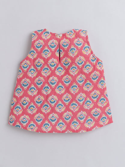 Hand Block Printed Sleeveless Top and Shorts Night Wear Lounge Wear Set For Girls Coral