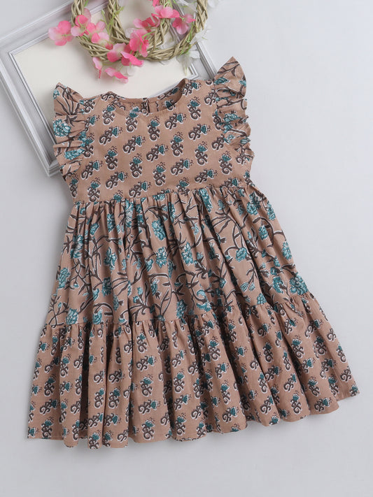Floral Printed Tiered Dress For Girls With Ruffles at Sleeves-Beige