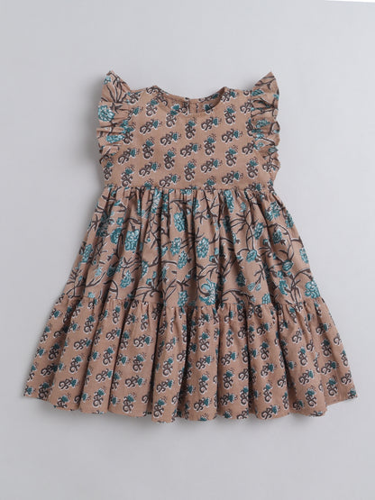 Floral Printed Tiered Dress For Girls With Ruffles at Sleeves-Beige