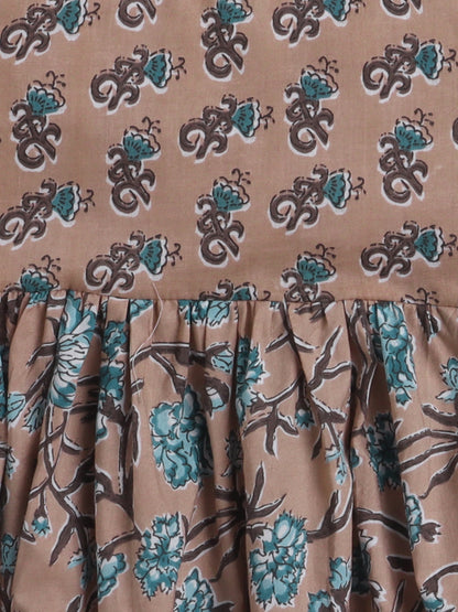 Floral Printed Tiered Dress For Girls With Ruffles at Sleeves-Beige