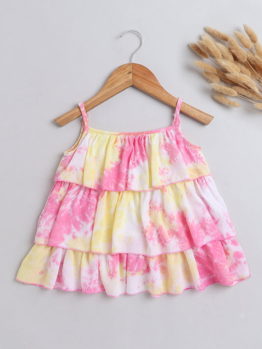 - Tie & Dye Printed Sleeveless Tiered Tops For Girls - Pink, Yellow