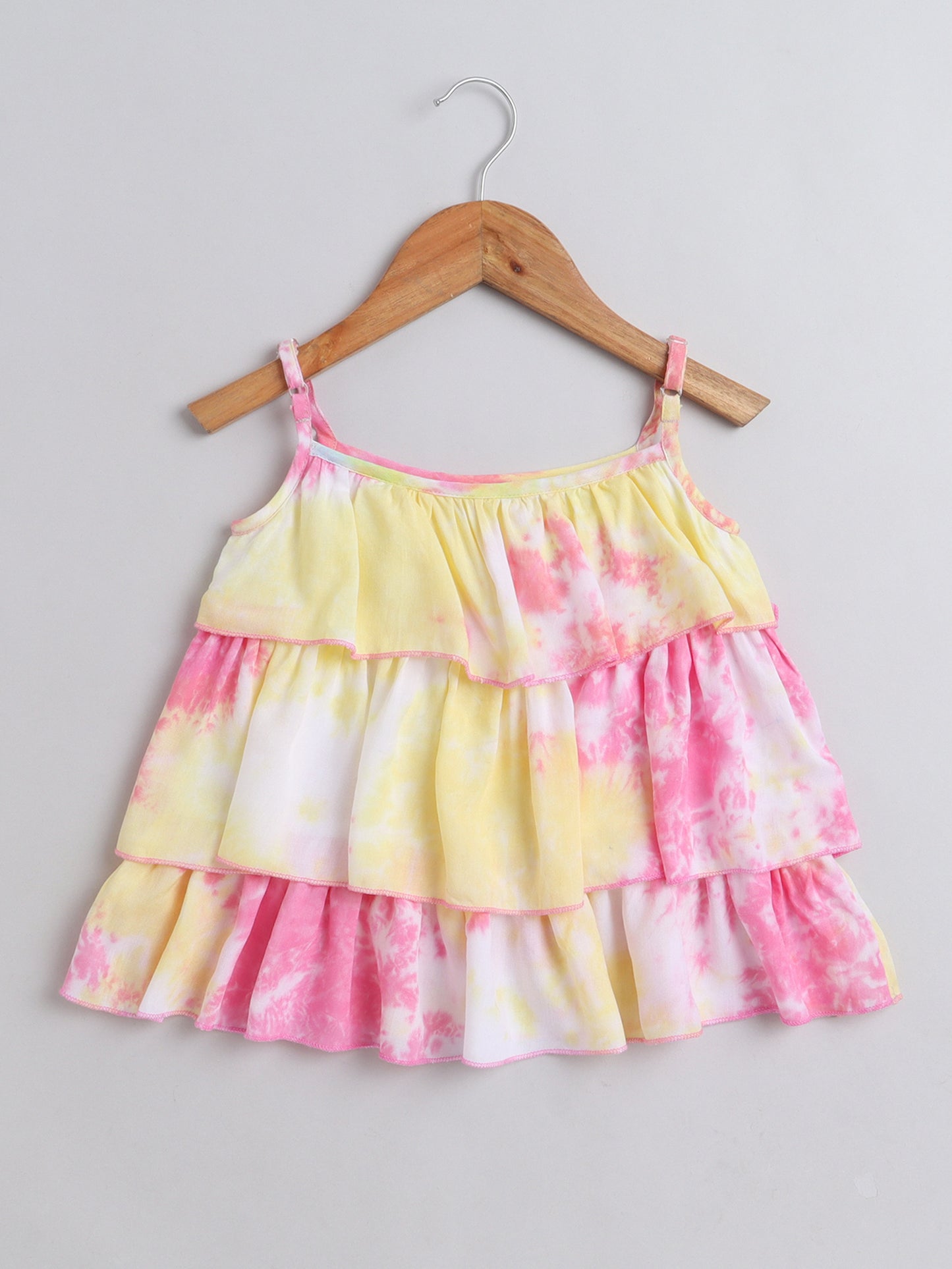- Tie & Dye Printed Sleeveless Tiered Tops For Girls - Pink, Yellow