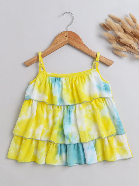 - Tie & Dye Printed Sleeveless Tiered Tops For Girls - Yellow, Blue