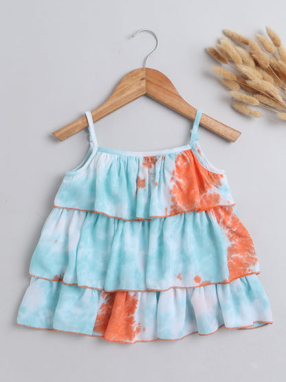 Tie & Dye Printed Sleeveless Tiered Tops For Girls- Blue ,Orange