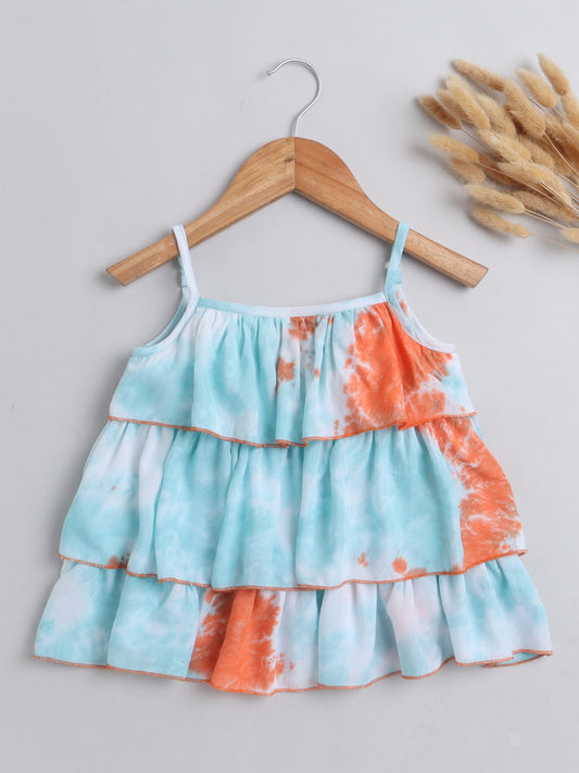Tie & Dye Printed Sleeveless Tiered Tops For Girls- Blue ,Orange