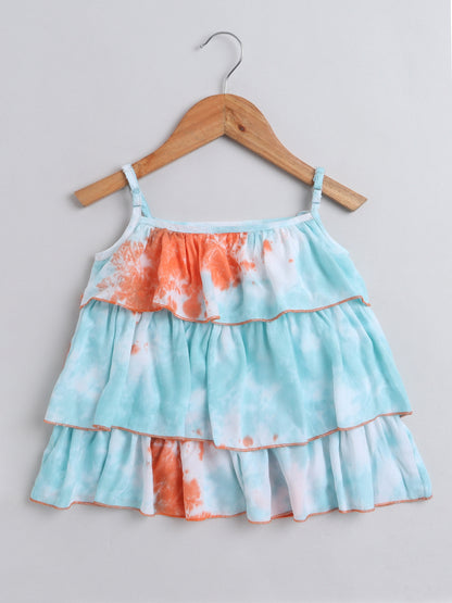 Tie & Dye Printed Sleeveless Tiered Tops For Girls- Blue ,Orange