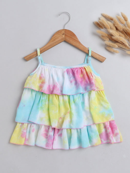 The Magic Wand Tie & Dye Printed Sleeveless Tiered Tops For Girls Multi