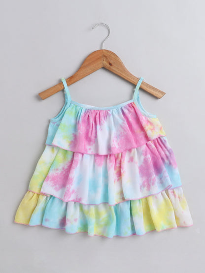 The Magic Wand Tie & Dye Printed Sleeveless Tiered Tops For Girls Multi