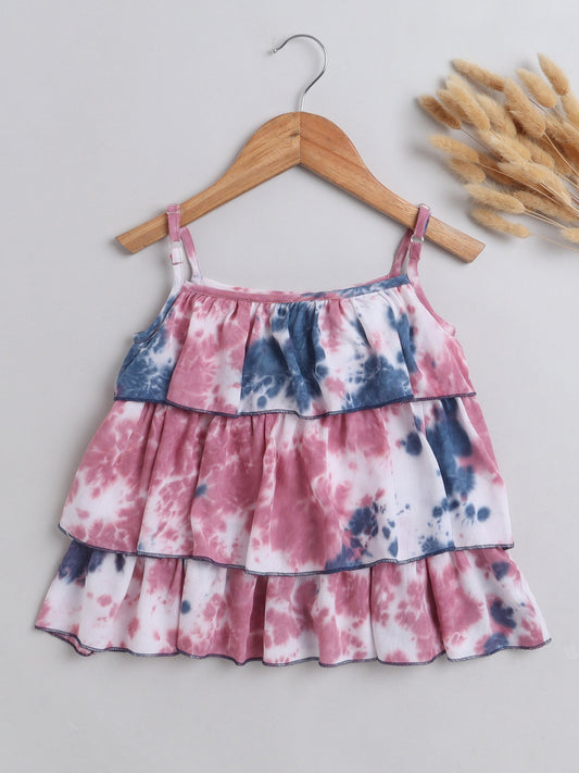 The Magic Wand Tie & Dye Printed Sleeveless Tiered Tops For Girls Pink