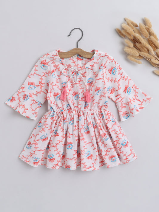 Gathered 3/4 Sleeves Floral Printed Round Neck Top With Tassels For Girls-Cream