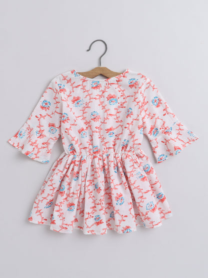 Gathered 3/4 Sleeves Floral Printed Round Neck Top With Tassels For Girls-Cream
