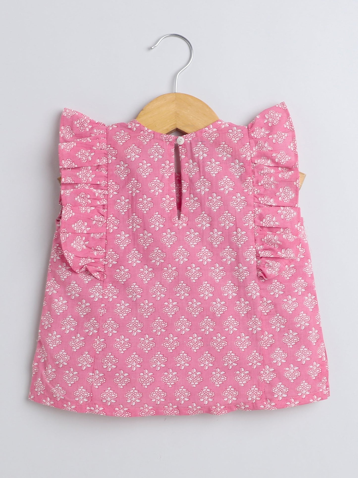 The Magic Wand Floral Printed Cotton Sustainable and Comfortable Ruffle Sleeves Top For Girls Pink