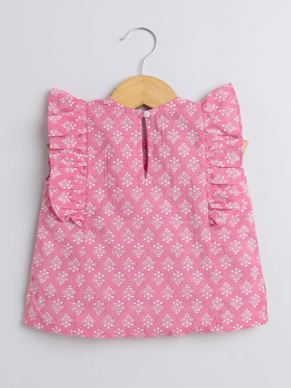 The Magic Wand Floral Printed Cotton Sustainable and Comfortable Ruffle Sleeves Top For Girls Pink