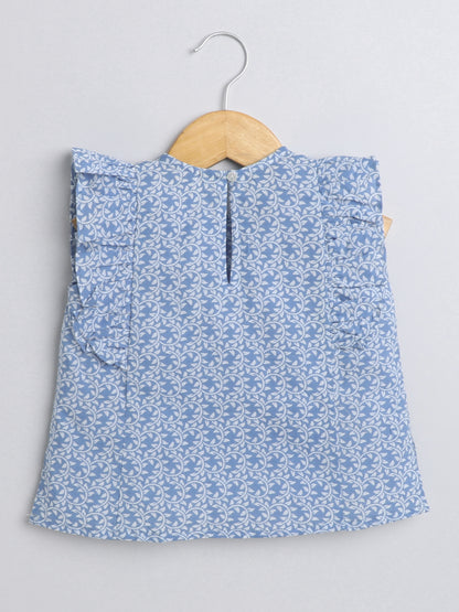 Floral Printed Cotton Sustainable and Comfortable Ruffle Sleeves Top For Girls-Blue